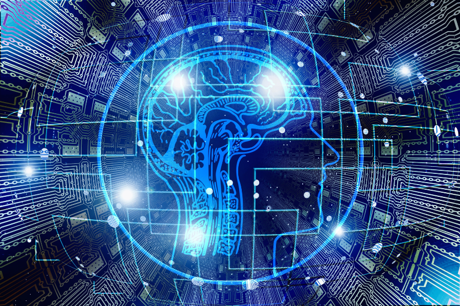 Neon blue brain silhouette inside a glowing circular circuit field with glowing nodes and data lines.